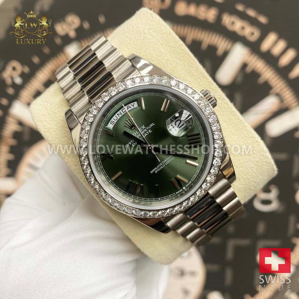 Rolex Day-Date 40 Presidential 228349RBR Bezel Olive Green Dial
