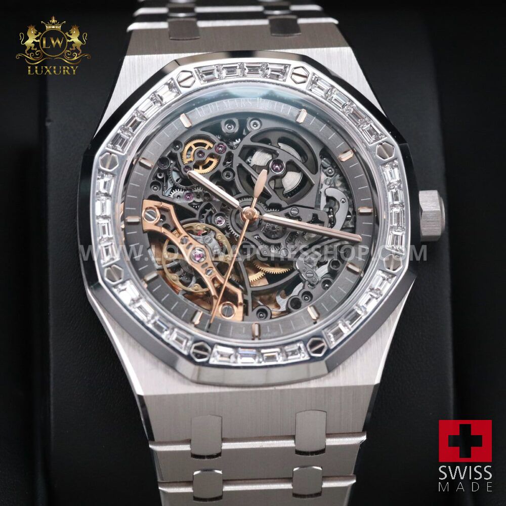 Audemars Piguet Royal Oak 41mm White Steel Double Balance Wheel Openworked Factory Baguette Bezel 15412BC.ZZ.1220BC.01