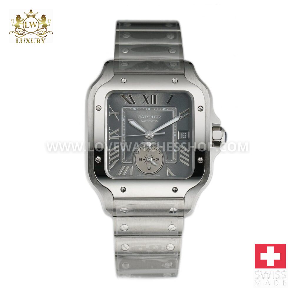 Cartier Santos 40mm Large Steel Dual Time Anthracite Grey Dial