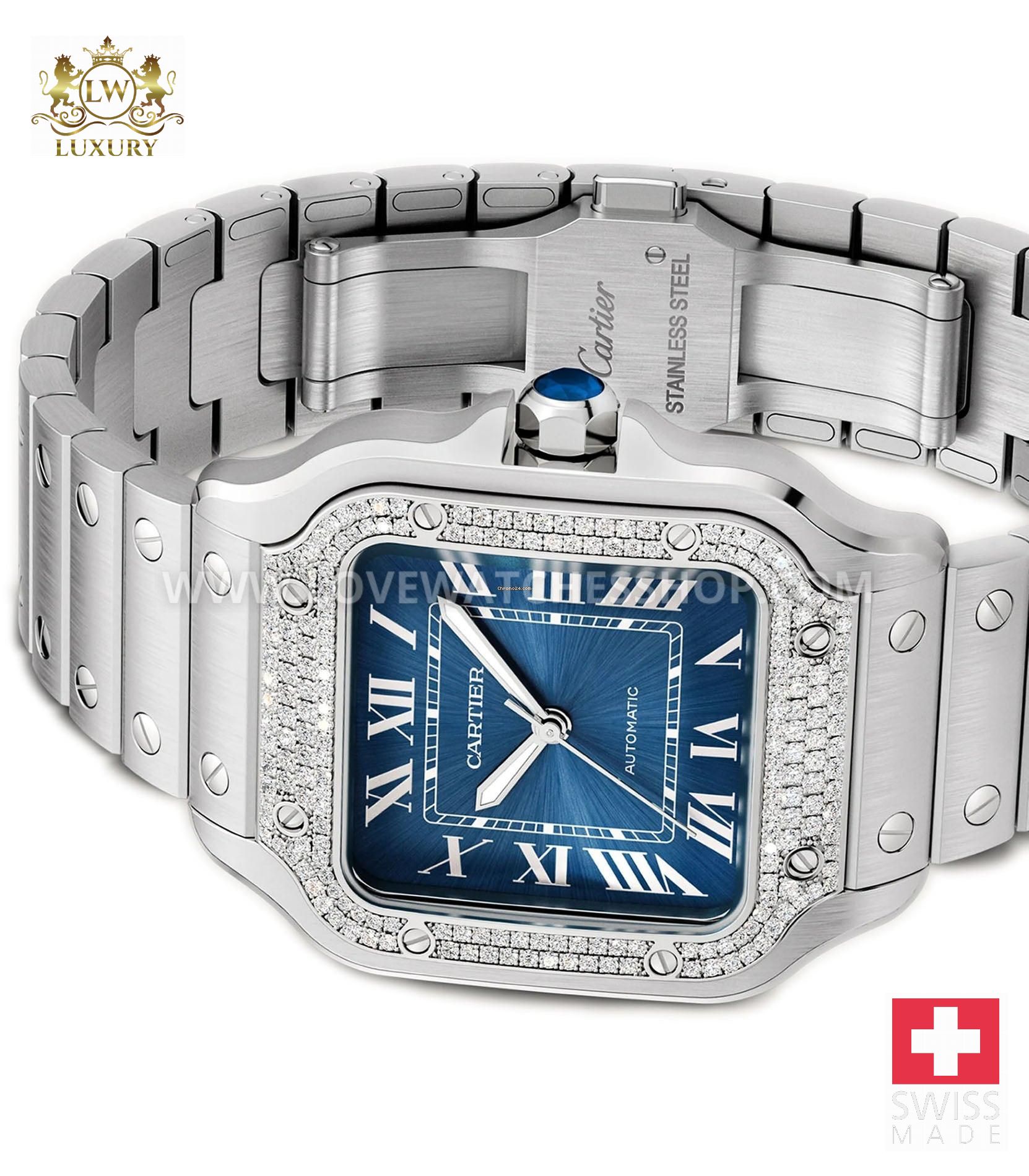Cartier Santos 35mm Medium Diamond Bezel Blue Roman Dial Stainless
