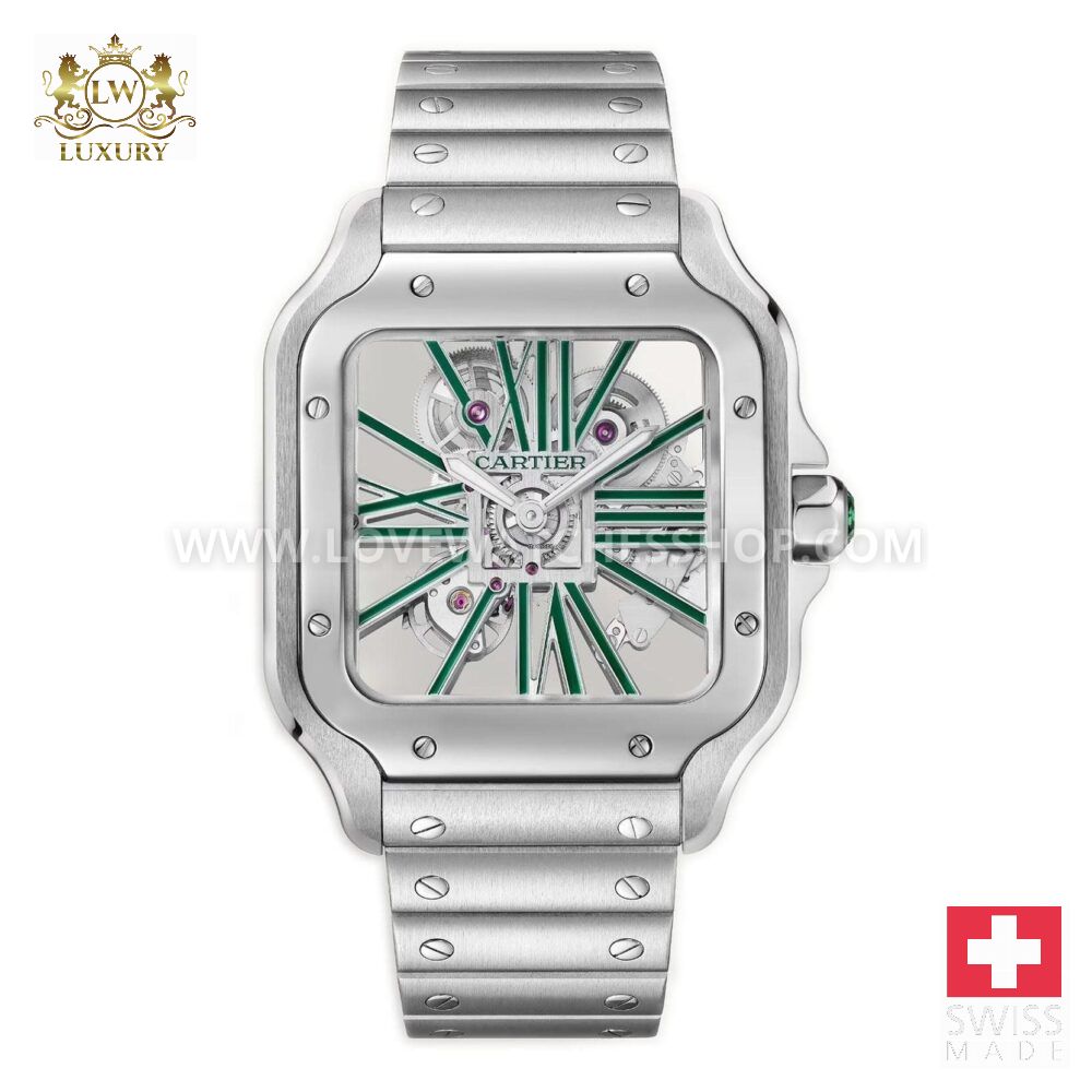 Cartier Santos 40mm Large Green Skeleton Dial Stainless Steel Bracelet Manual